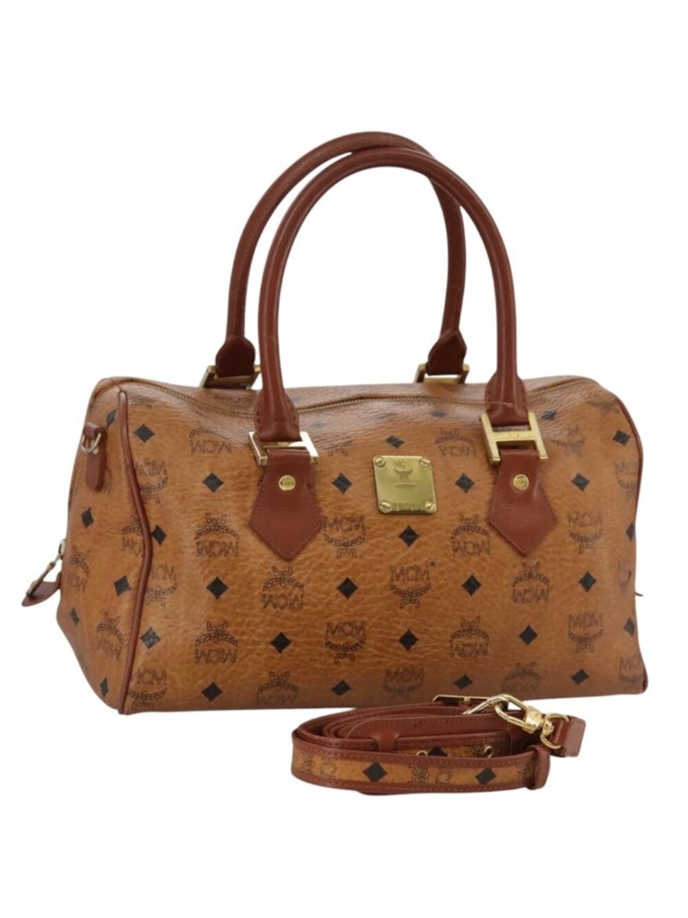 MCM Vicetos Logogram Mini Boston Bag PVC Leather 2way Brown Gold